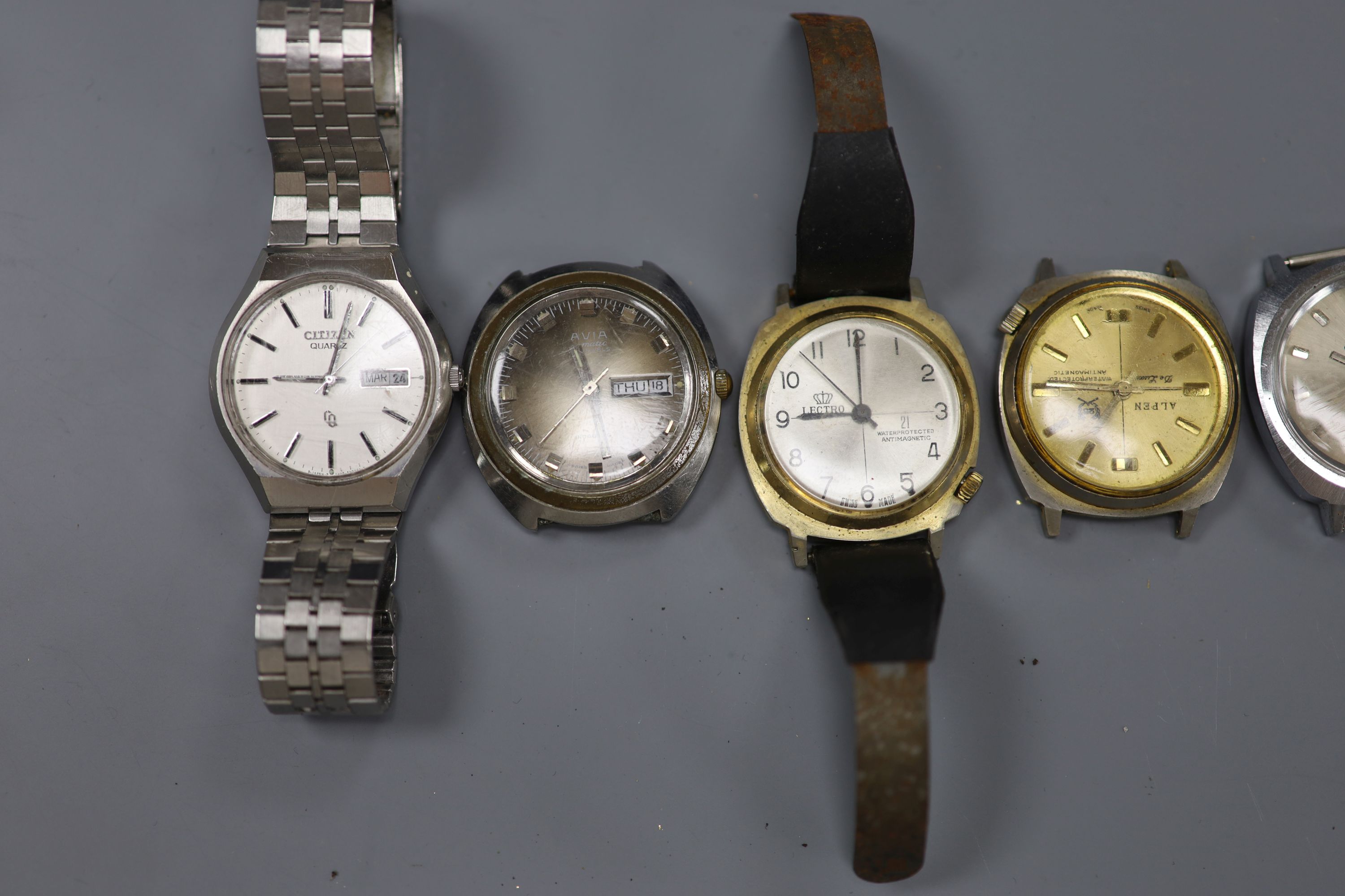 Seven assorted gentlemans wrist watches, including Avia, Alpen & Accurist.